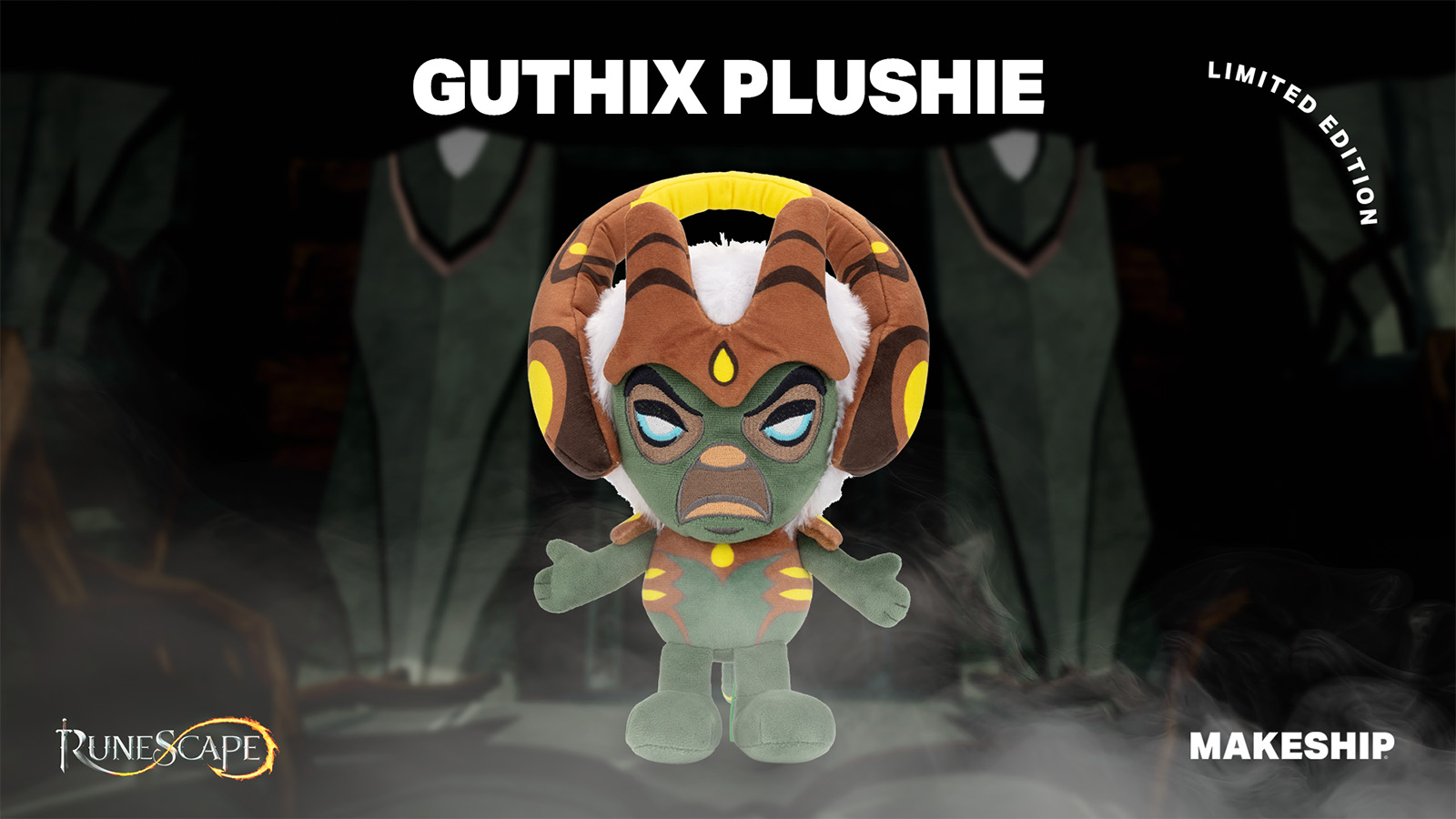An official picture of the Guthix Runescape plushie.
