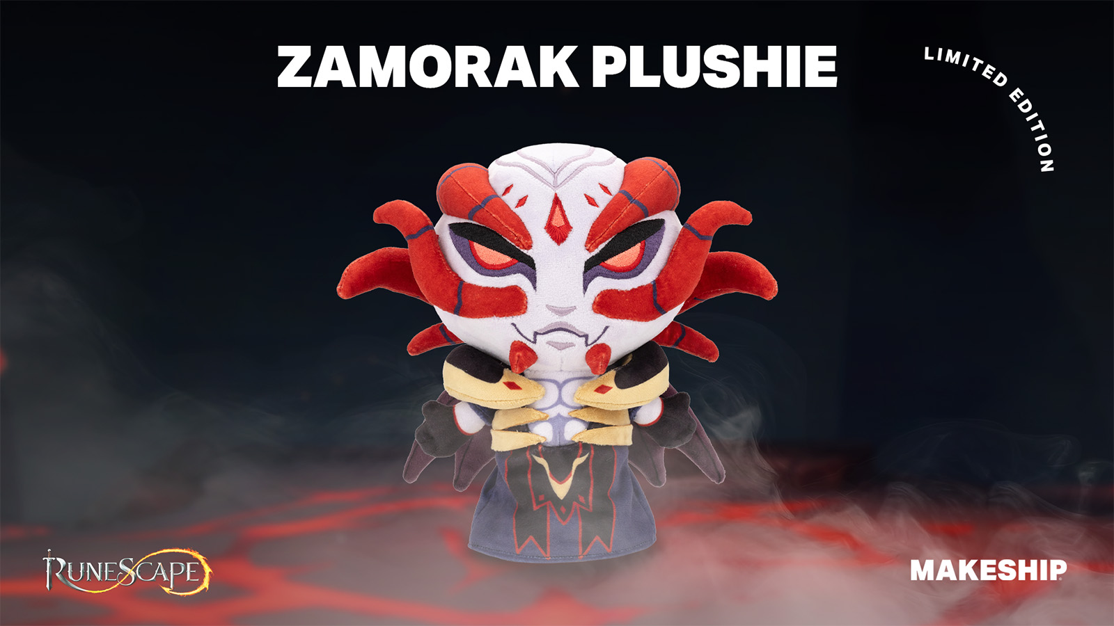 An official picture of the Zamorak Runescape plushie.